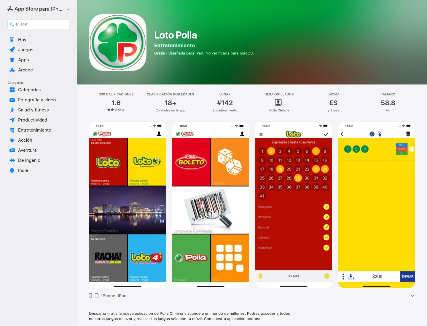 Captura real de Loto Polla en App Store Chile