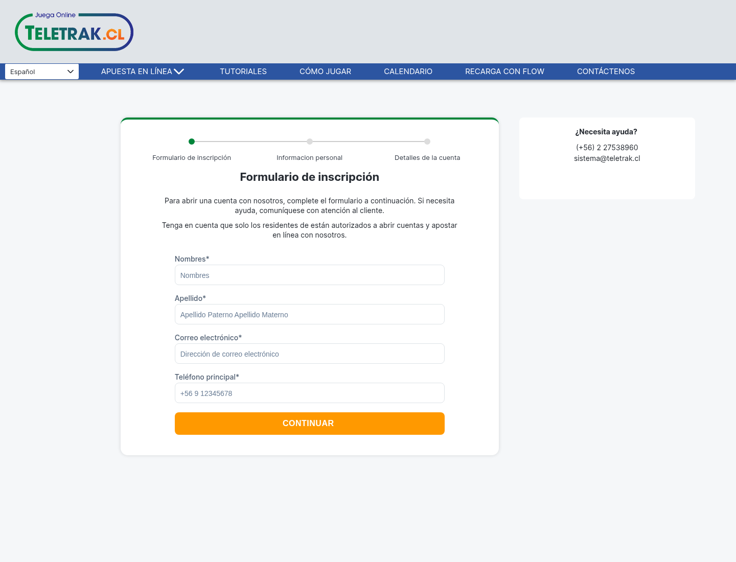 Formulario de registro de apuestas.teletrak.cl observado el 11 de agosto de 2026.